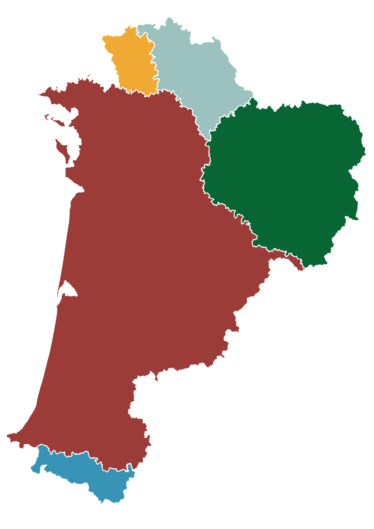 Carte des cinq régions d’origine de Nouvelle-Aquitaine : zone sud-ouest, Massif armoricain, Bassin parisien, Massif central, Pyrénées.